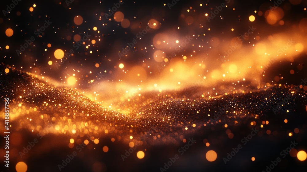 Naklejka premium Golden bokeh lights with sparkles and glowing particles on dark background festive celebration texture