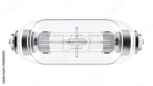 This detailed technical drawing shows a cross-section of a xenon flash tube. The image clearly shows the internal structure, including the slender glass shell, the internal