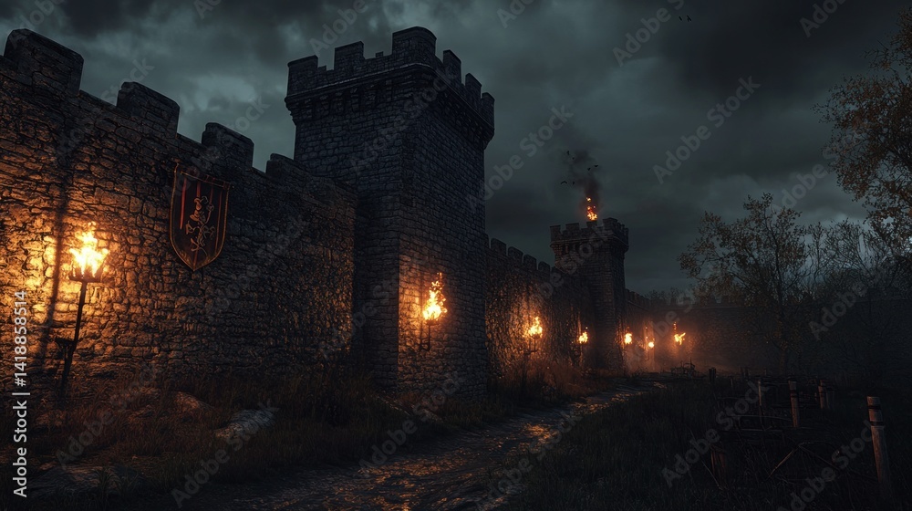 Naklejka premium Nightfall at the Medieval Fortress Walls