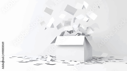 This high-key, monochrome photograph depicts a white gift box with its lid open and white confetti or paper splattered outward in a dynamic upward motion. The gift box is in the center of the frame.