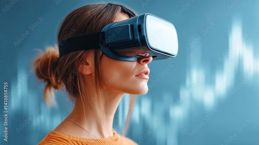 A stylish woman explores virtual reality using a futuristic headset, creating immersive experiences.