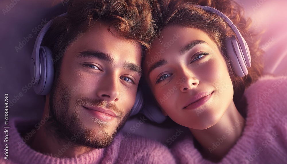 A smiling couple wearing headphones while looking at the camera with a soft and warm glow.