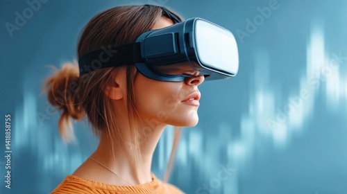 A stylish woman explores virtual reality using a futuristic headset, creating immersive experiences.