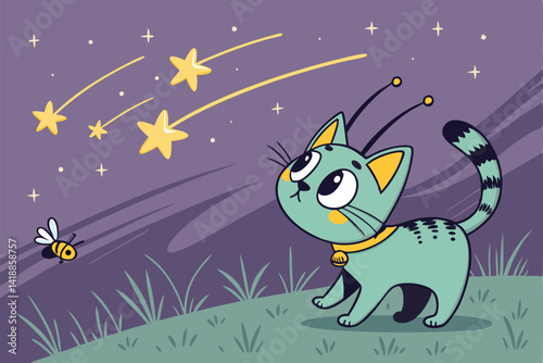 A whimsical illustration of an extraterrestrial feline, equipped with antennae, playfully pursuing shimmering shooting stars across a night sky.