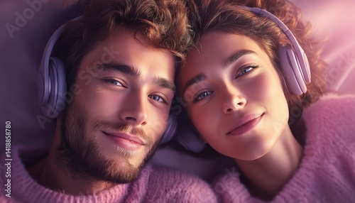 Obraz na płótnie A smiling couple wearing headphones while looking at the camera with a soft and warm glow. w salonie