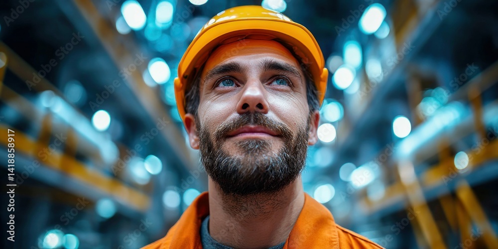 A focused construction worker is looking up with a hopeful expression inside a factory setting.