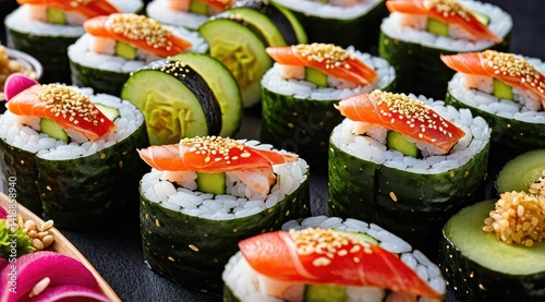 Wallpaper Mural A close-up of assorted sushi rolls featuring salmon, cucumber, roe, and sesame seeds, arranged vibrantly on a white plate Torontodigital.ca