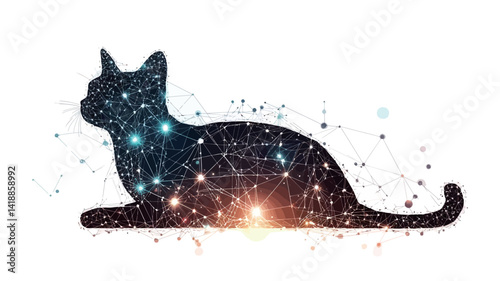 The image shows a stylized silhouette of a reclining cat, rendered in black against a white background. The silhouette is covered in intricate patterns reminiscent of night.
