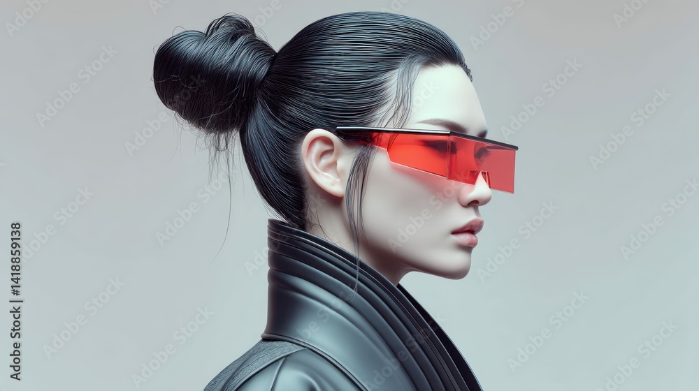 A woman models a futuristic look, sporting red eyewear against a soft, minimalist backdrop.