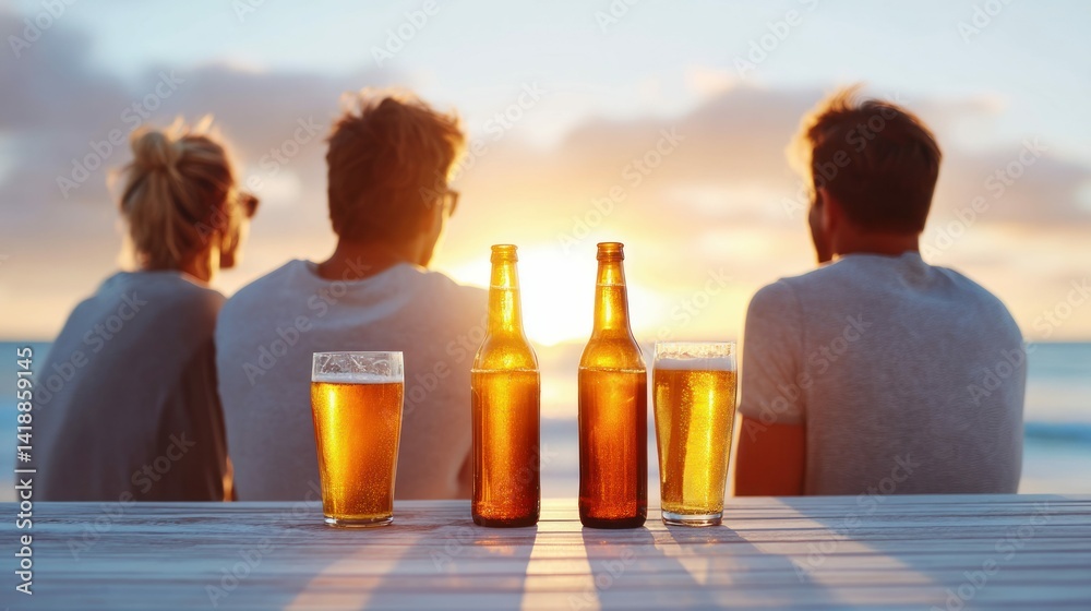 Group of friends cheers with beer at the beach enjoying a beautiful sunset view and relaxing.