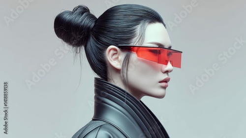 Obraz na płótnie A woman models a futuristic look, sporting red eyewear against a soft, minimalist backdrop. w salonie