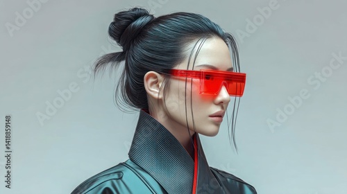 A stylish woman with futuristic red glasses and dark hair against a light background.