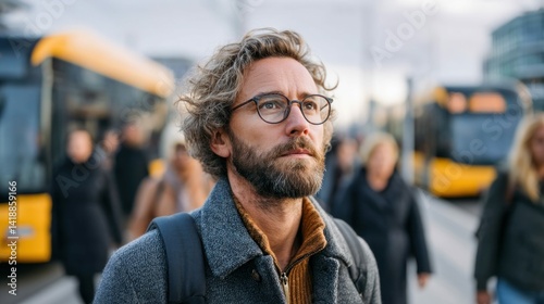 A man with a beard and glasses gazes upward while surrounded by city buses and pedestrians.