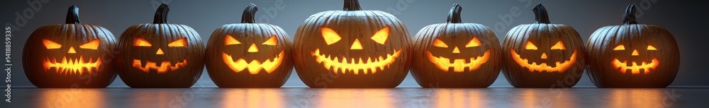 Fototapeta premium Glowing Halloween Pumpkins with Mischievous and Spooky Faces Symmetrical Row on White Background