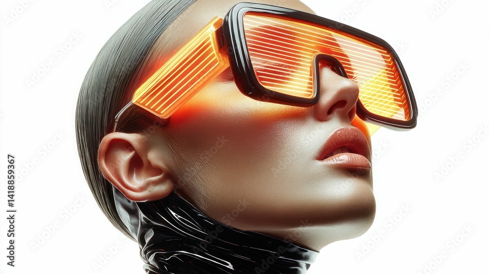 A futuristic woman poses in a studio wearing glowing orange glasses against a clean white backdrop.