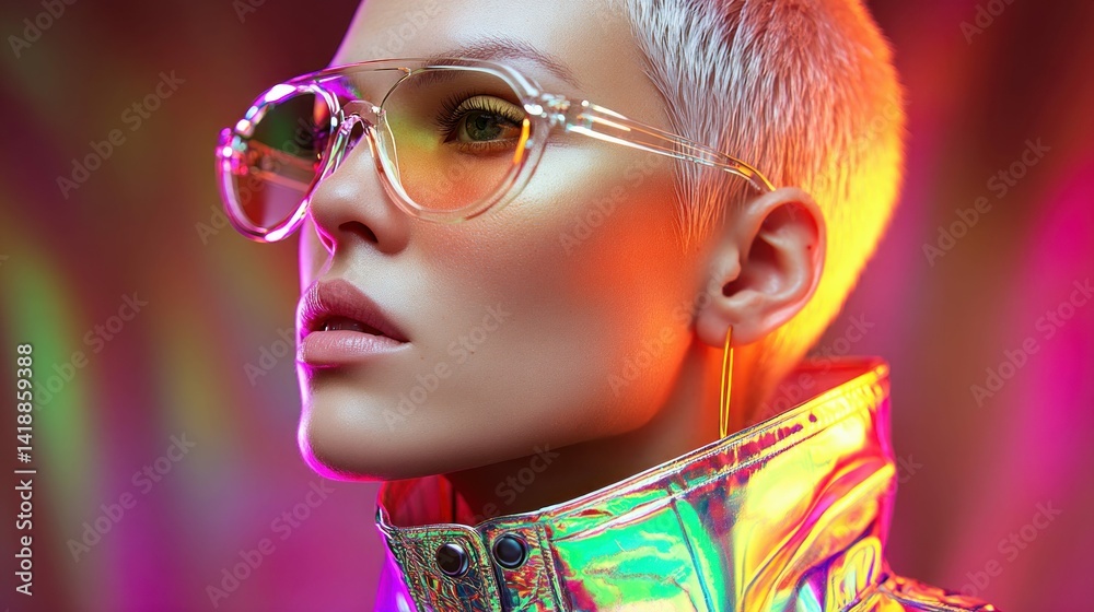 A woman with platinum blonde hair wears sunglasses, highlighted in a neon and modern style.