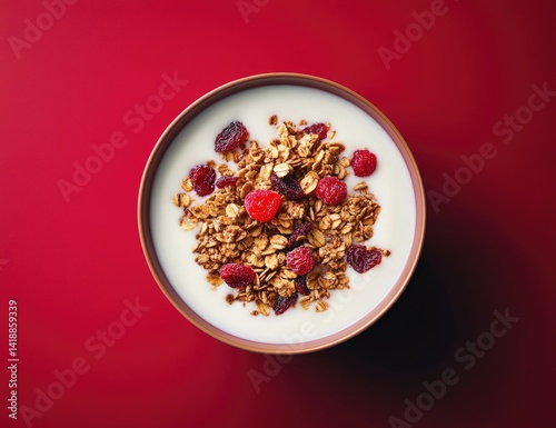 A bowl of yogurt with granola and dried cranberries on top