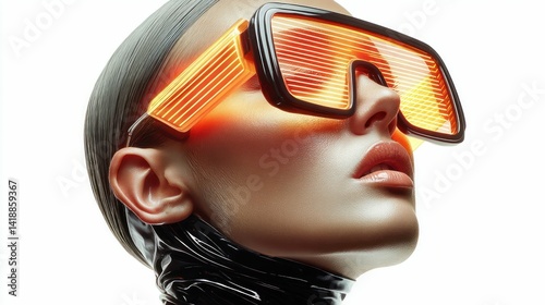 Obraz na płótnie A futuristic woman poses in a studio wearing glowing orange glasses against a clean white backdrop. w salonie