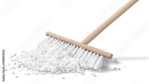 High angle closeup studio photograph of a wooden handled push broom sweeping up white granular debris against a pure white background. The broom has predominantly white bristles and a wooden handle.