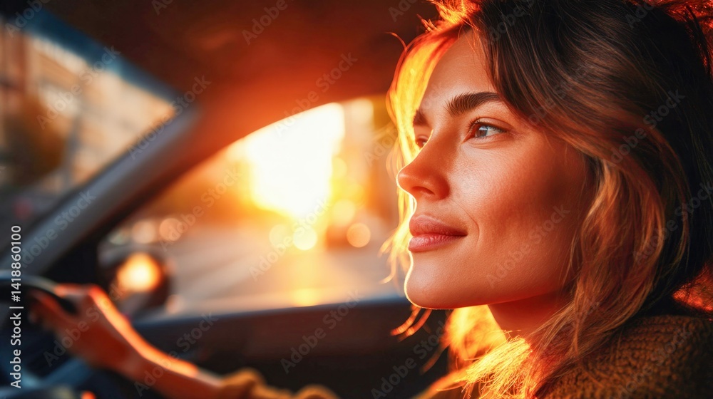 A woman with a joyful expression drives her car, enjoying the warm sunlight during a road trip.