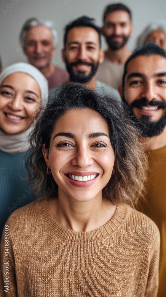 A diverse group of smiling individuals gathered together, radiating warmth and joy in a close-up portrait.