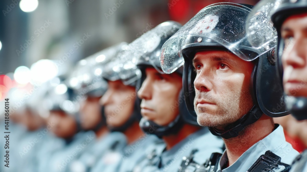A line of police officers stands ready in helmets, maintaining order and control during a protest.