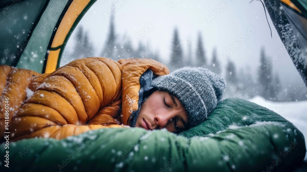 A man sleeps soundly inside a tent, enjoying a serene moment during a winter snowstorm.