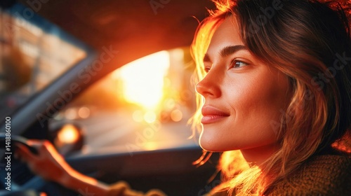 Obraz na płótnie A woman with a joyful expression drives her car, enjoying the warm sunlight during a road trip. w salonie