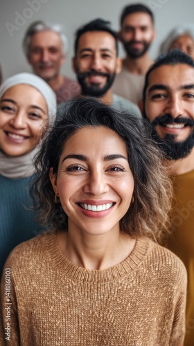 A diverse group of smiling individuals gathered together, radiating warmth and joy in a close-up portrait.