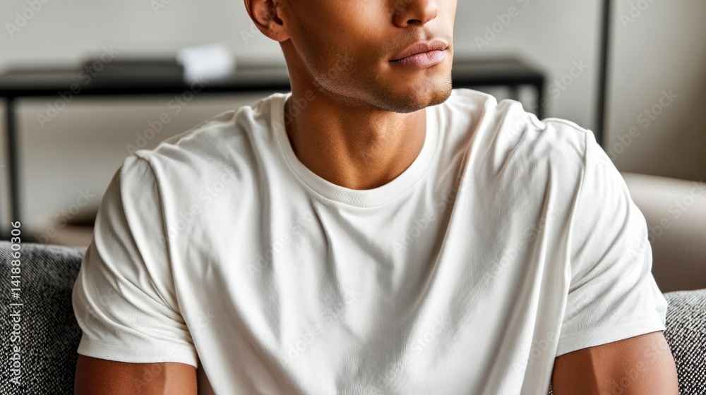 Portrait of a man in a white t-shirt, showcasing a relaxed and casual style indoors.