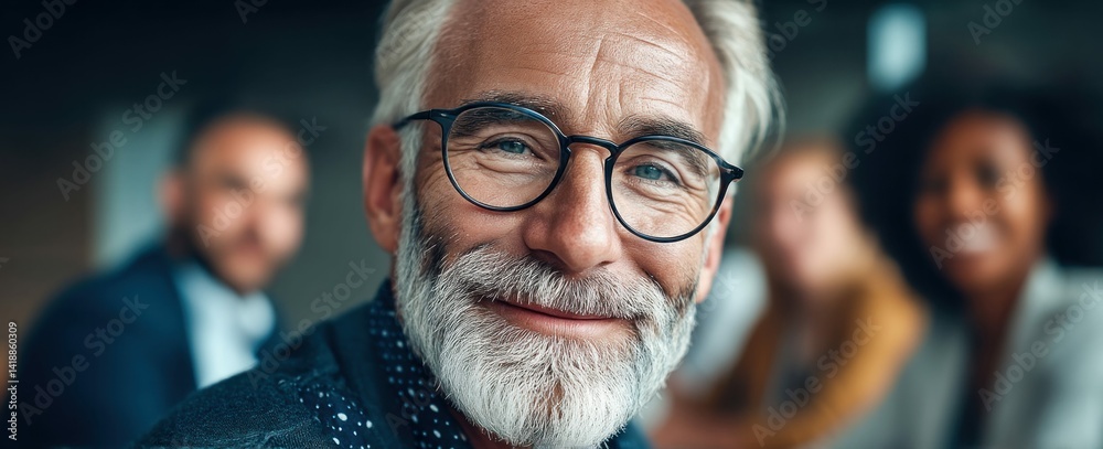 A happy senior businessman smiles at the camera, colleagues blurred in the background during a meeting.