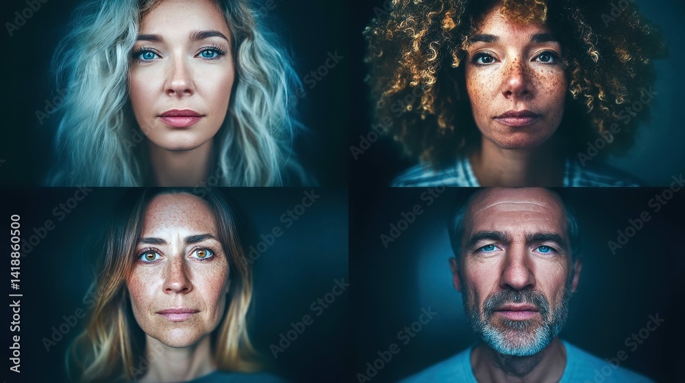 A striking composition features four diverse portraits, each showcasing a unique expression.