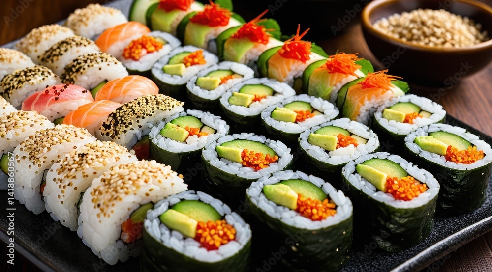 A close-up of assorted sushi rolls featuring salmon, cucumber, roe, and sesame seeds, arranged vibrantly on a white plate A close-up of assorted sushi rolls featuring salmon, cucumber, roe, and sesame seeds, arranged vibrantly on a white plate