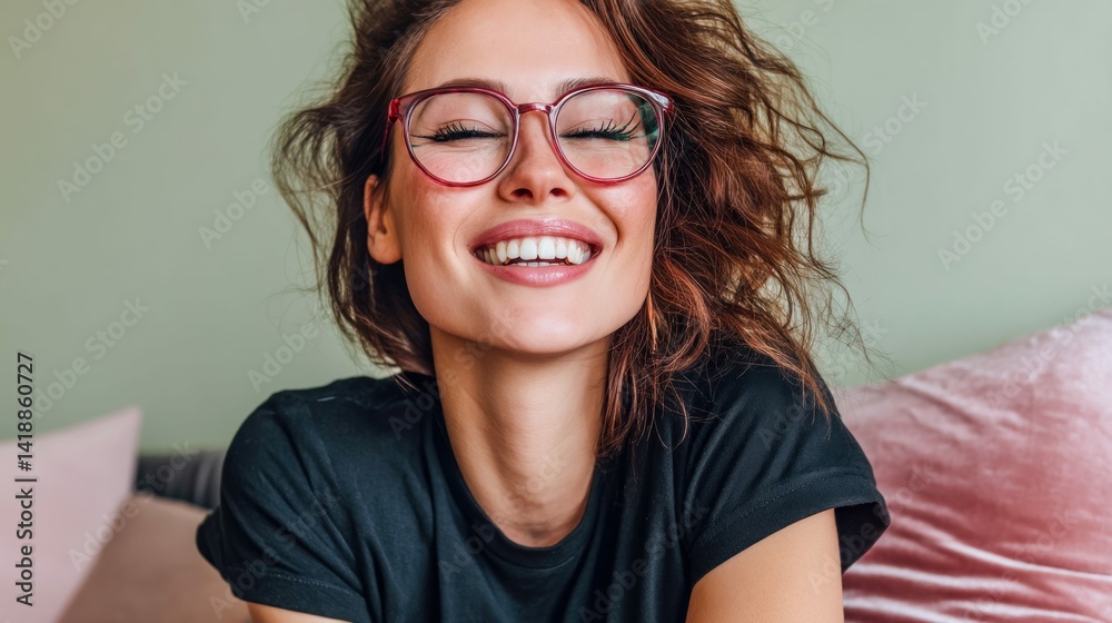 A happy woman with red glasses closes her eyes while smiling broadly, showcasing her white teeth and carefree spirit, enjoying a moment.