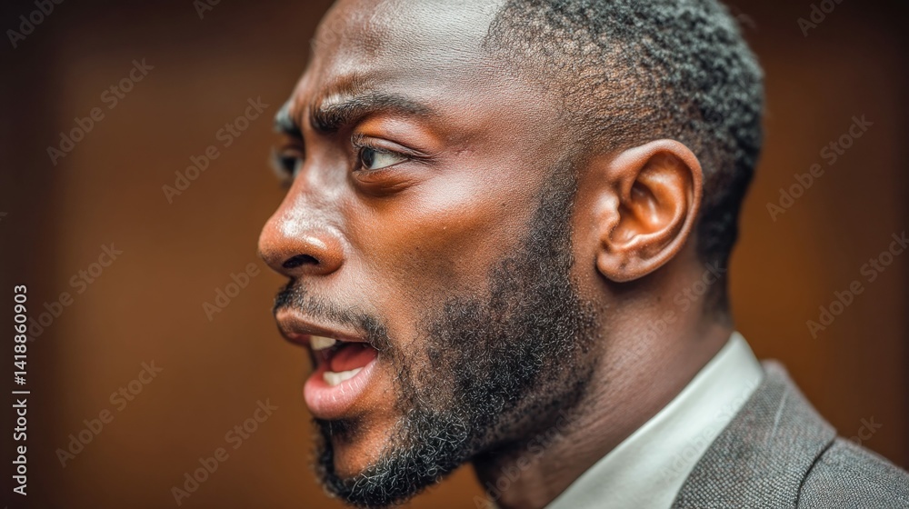 A close-up shot of a man of color, with a stern expression and open mouth, in a professional setting. His eyes are focused, conveying intensity.