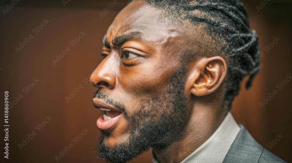 A portrait of a man with a stern expression, likely in a serious discussion, showcasing his intense gaze and strong features.