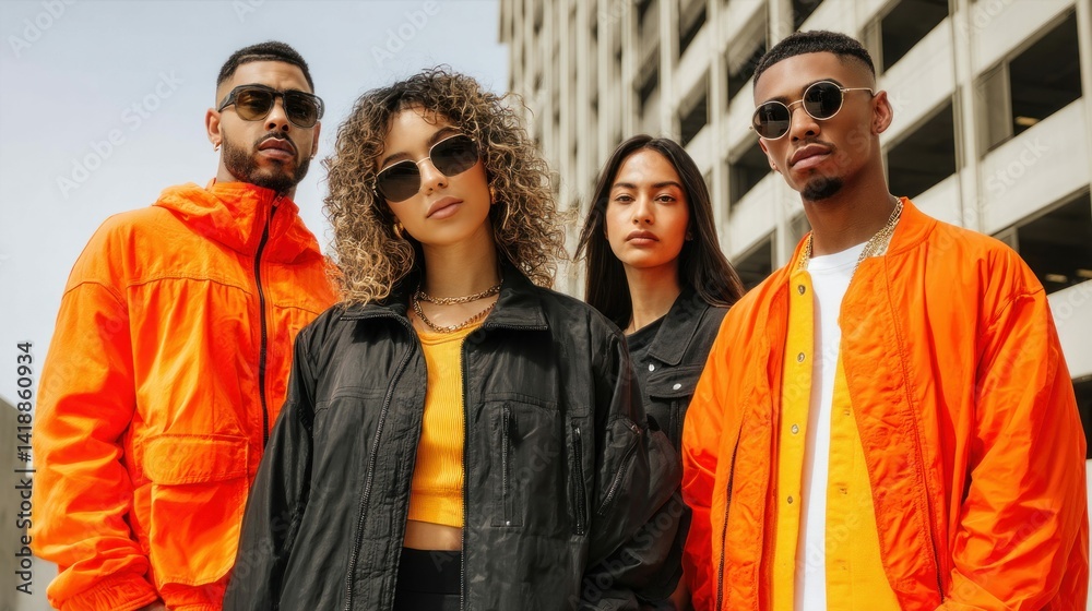 A diverse group of young adults pose confidently, showcasing modern streetwear and stylish sunglasses with a building in the background.