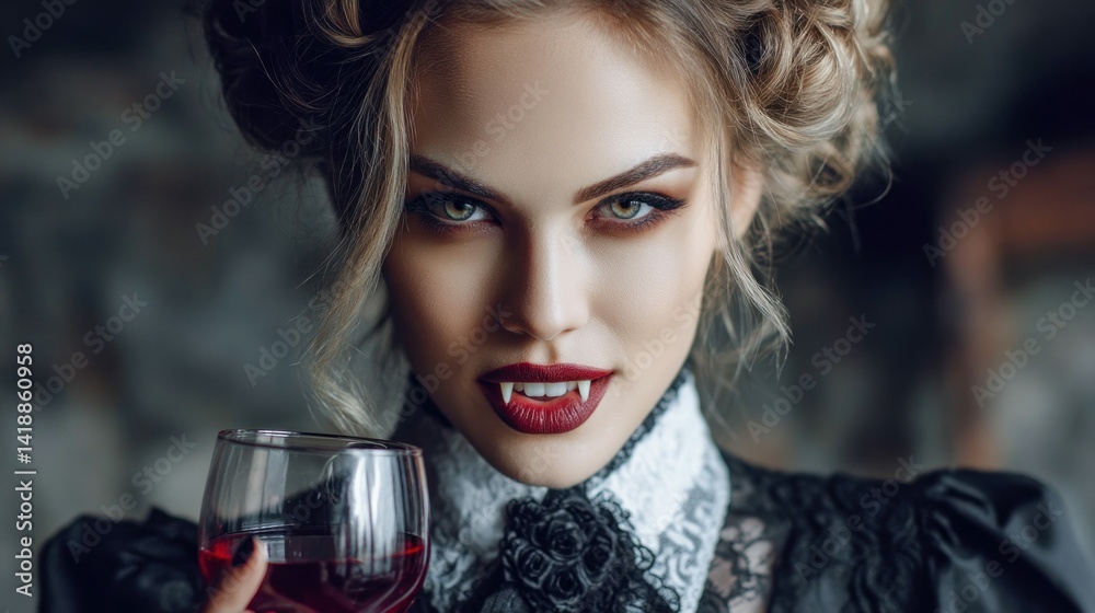 A stunning vampire woman poses with fangs and a glass of red wine, exuding an alluring, gothic charm with intricate lace detailing.