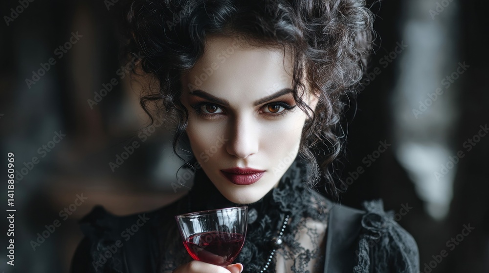 A beautiful woman with dark curly hair holds a glass of red wine, her gaze intense and mysterious, in a moody portrait. She is dressed in a gothic-style outfit.