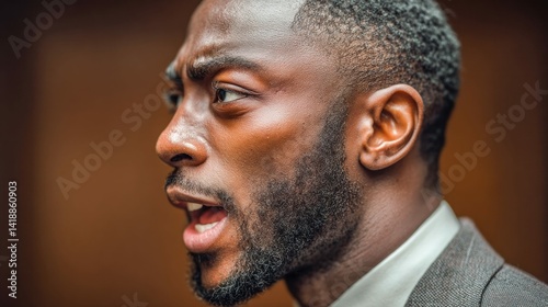 Obraz na płótnie A close-up shot of a man of color, with a stern expression and open mouth, in a professional setting. His eyes are focused, conveying intensity. w salonie
