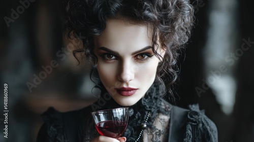 Obraz na płótnie A beautiful woman with dark curly hair holds a glass of red wine, her gaze intense and mysterious, in a moody portrait. She is dressed in a gothic-style outfit. w salonie