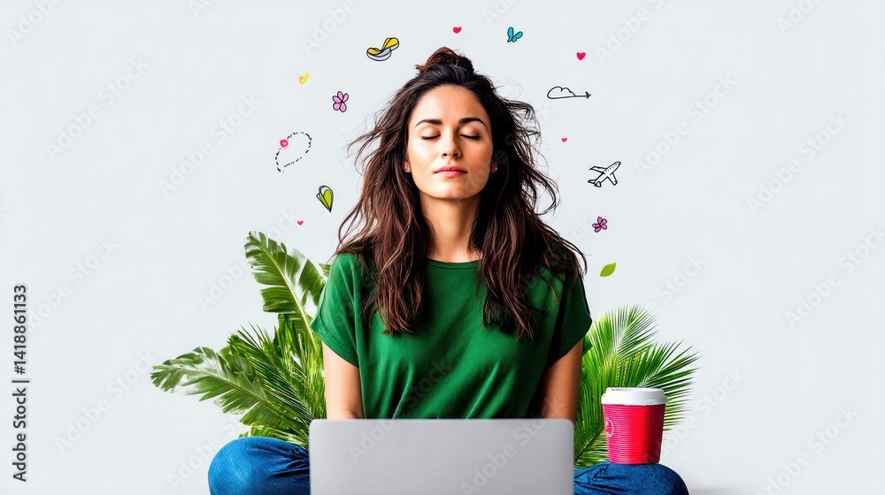 A peaceful woman meditates with eyes closed, surrounded by nature-themed doodles and lush greenery, using a laptop nearby.