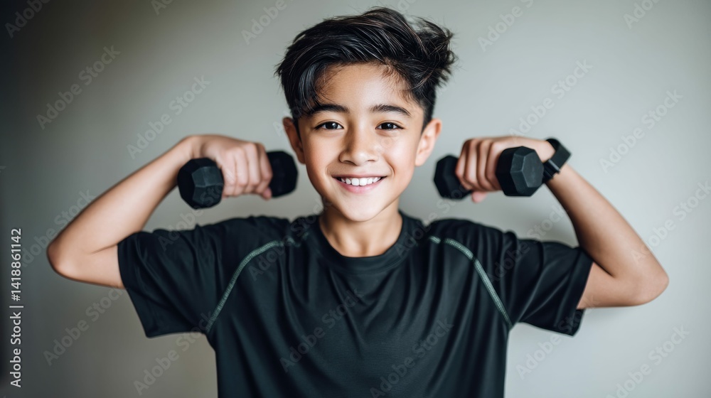A young boy smiles while lifting weights indoors. He is enthusiastic about his workout and appears determined to stay fit.