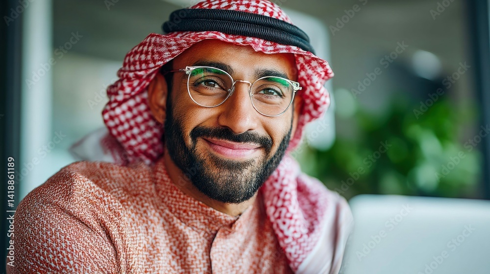 Smiling arab man wearing traditional keffiyeh headdress looks at the camera with round glasses. The man has a groomed beard.