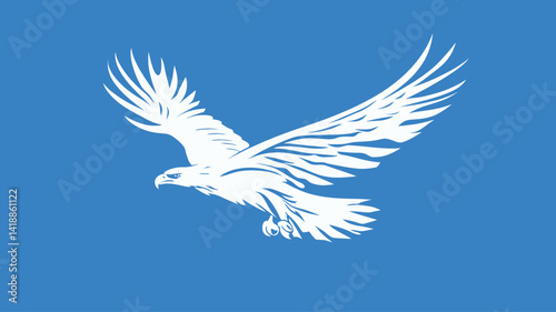 Stylized vector graphic depicting a white eagle soaring against a solid light blue background. The eagle is rendered in a clean and simple style with sharp lines. photo