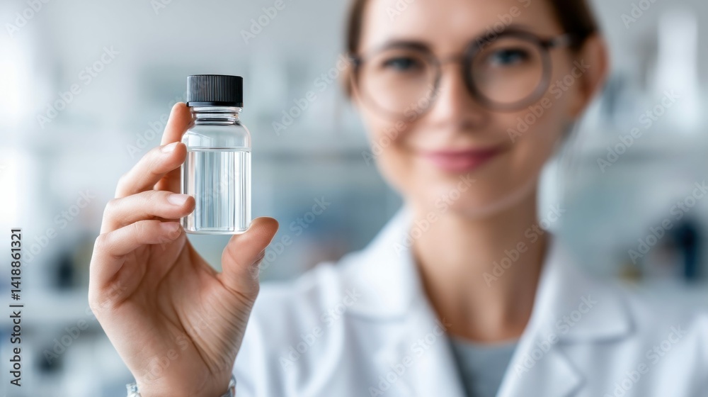 A woman in a lab coat holds a small vial, likely containing a solution, smiling while facing the camera. The background suggests a scientific or medical environment.
