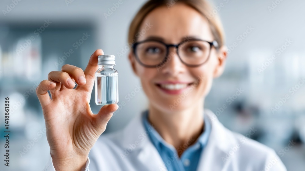 A smiling female scientist holds up a small vial of clear liquid, potentially a sample or medication, in a lab setting. She wears glasses and a white lab coat.