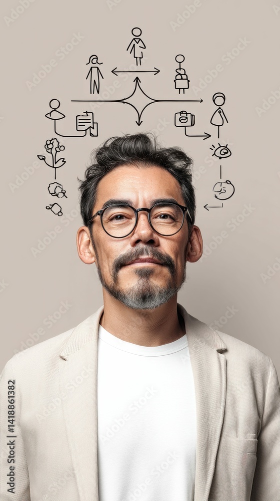 A thoughtful gentleman, wearing glasses and a blazer, contemplates interconnected concepts visualized above his head. The image is set against a neutral background.