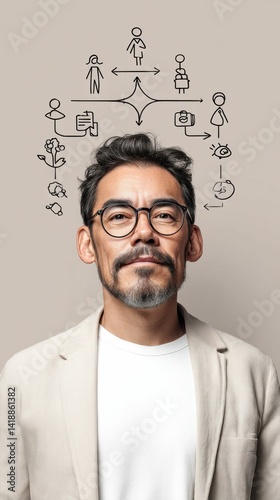 Obraz na płótnie A thoughtful gentleman, wearing glasses and a blazer, contemplates interconnected concepts visualized above his head. The image is set against a neutral background. w salonie