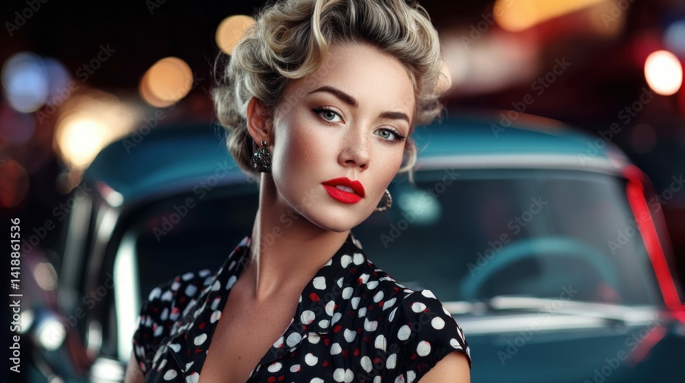 A beautiful woman with red lipstick poses next to a classic blue car, exuding vintage charm and allure. The background is slightly blurred.